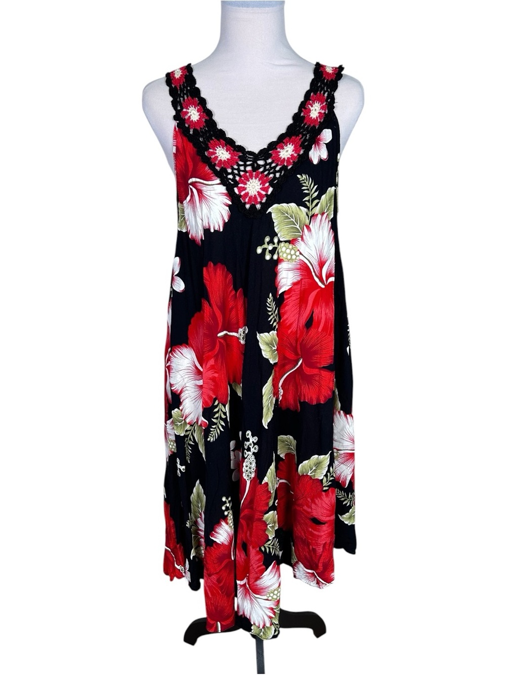Tropical Hibiscus Floral Crochet Neck Rayon Midi Dress Estimated M/L